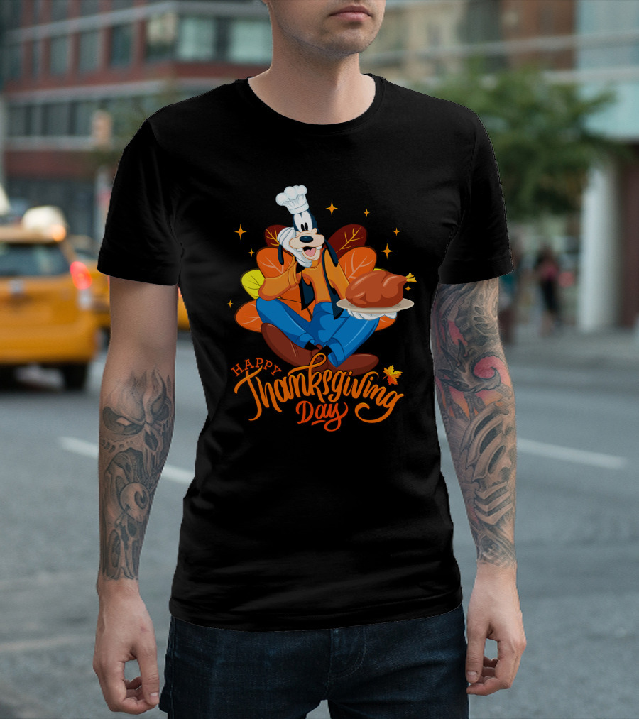 Happy Thanksgiving Day Goofy Chef With Turkey And Autumn Leaves T-Shirt