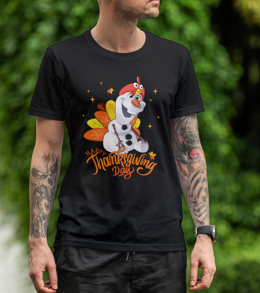 Happy Thanksgiving Day Olaf Snowman With Turkey Leaves And Stars T-Shirt
