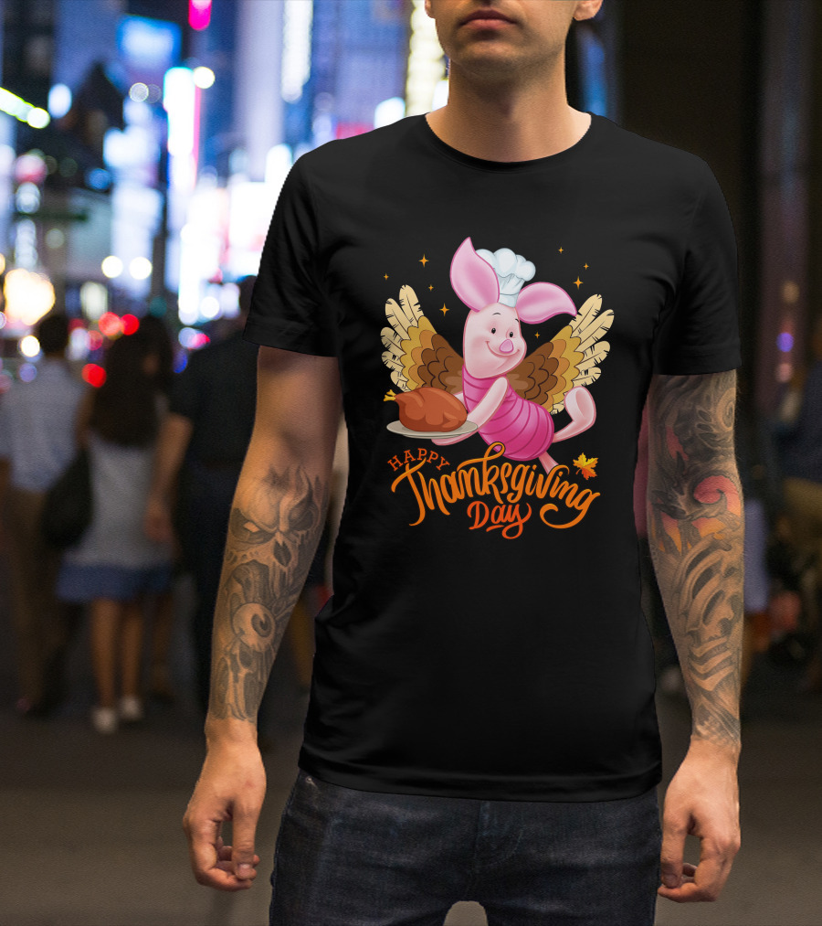 Happy Thanksgiving Day Piglet Chef With Turkey And Wings T-Shirt