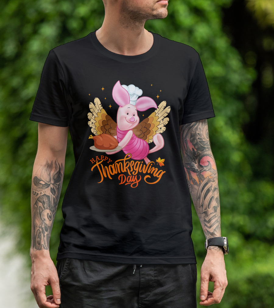 Happy Thanksgiving Day Piglet Chef With Turkey And Wings T-Shirt