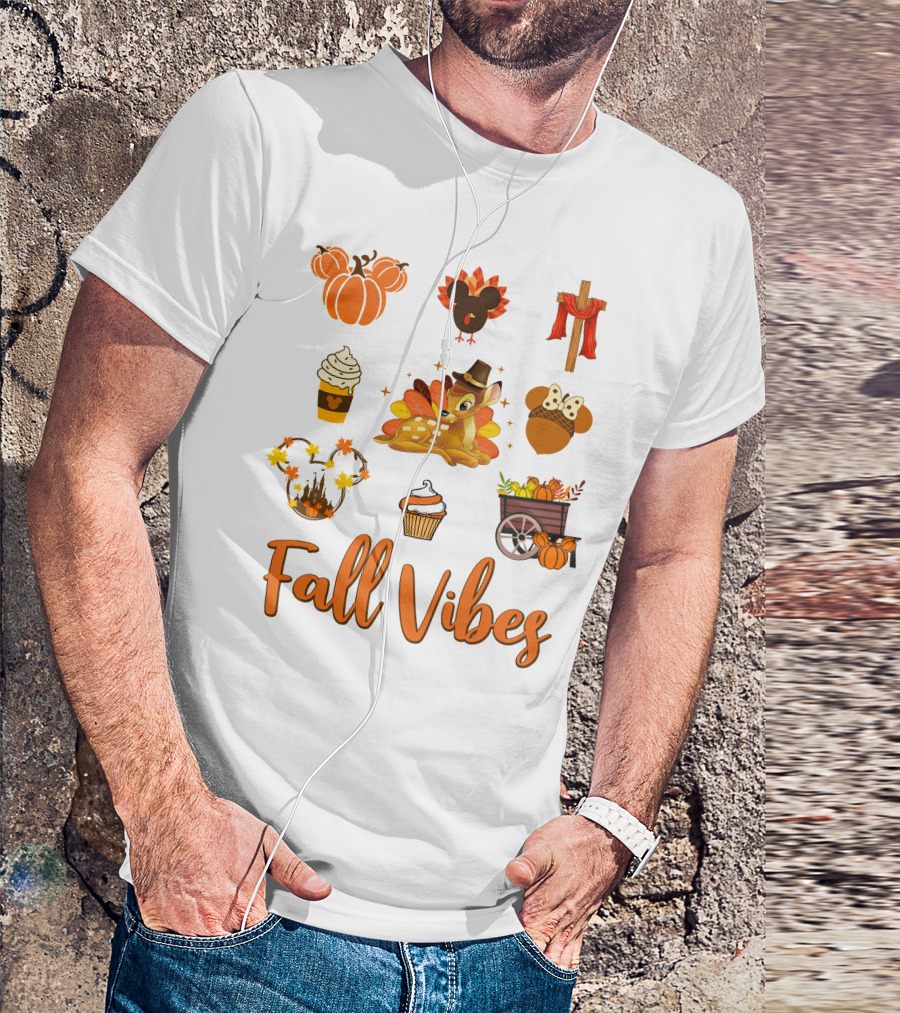 Fall Vibes Bambi Pumpkin Coffee Castle Mickey Ears Thanksgiving T-Shirt