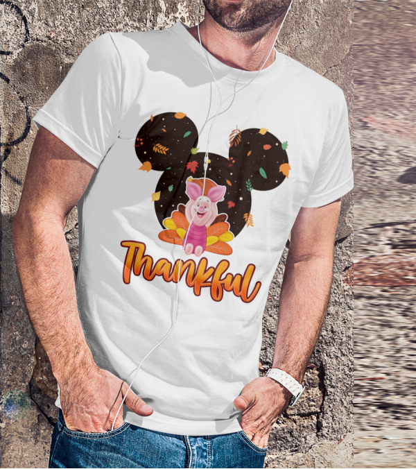 Thankful Piglet With Mickey Ears And Autumn Leaves T-Shirt