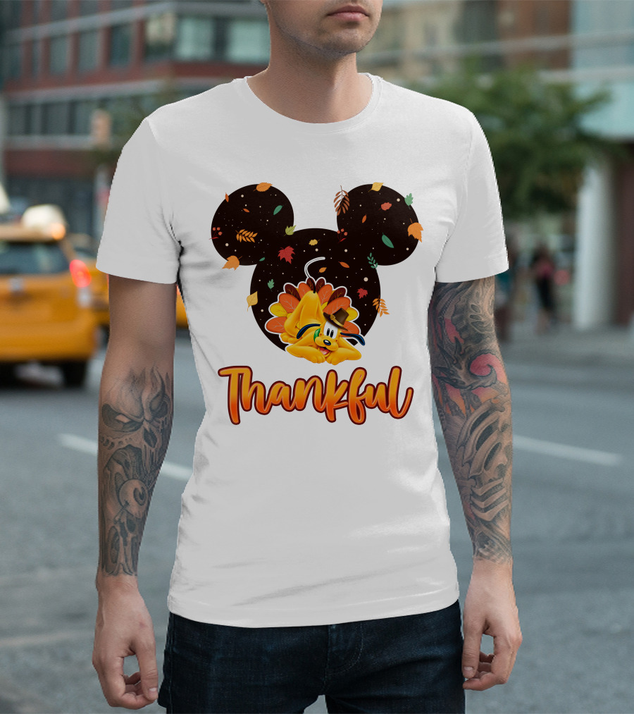 Thankful Pluto In Autumn Leaves Mickey Ears T-Shirt