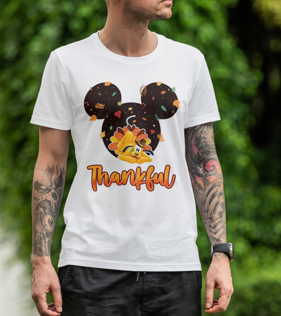 Thankful Pluto In Autumn Leaves Mickey Ears T-Shirt