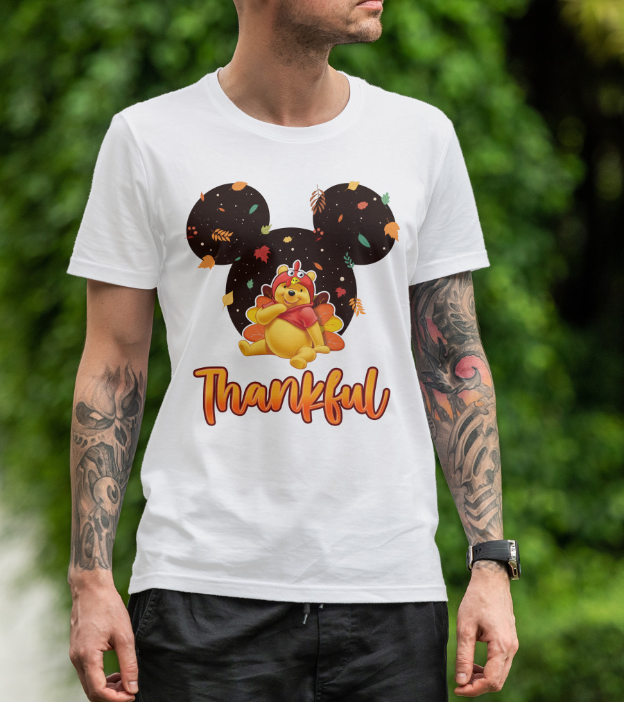 Thankful Pooh Turkey Costume Mickey Ears Leaves T-Shirt