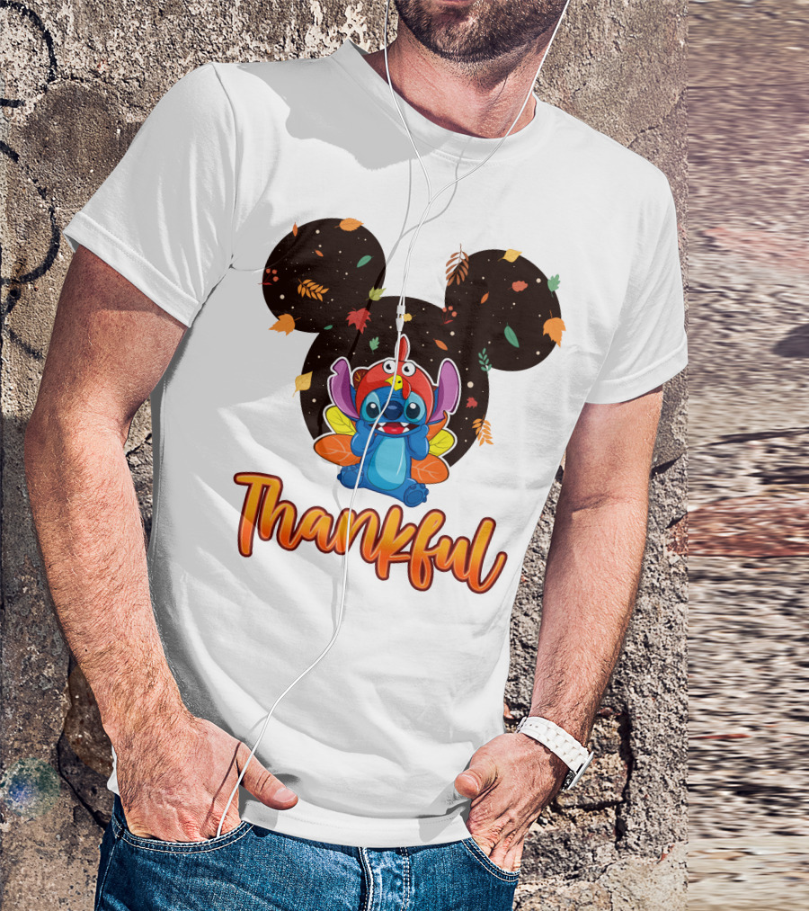 Thankful Stitch Thanksgiving Mickey Ears Autumn Leaves T-Shirt