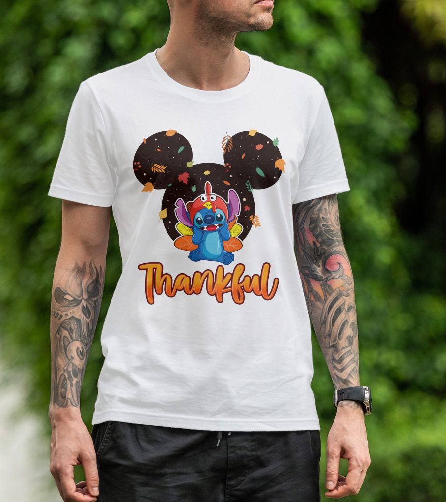 Thankful Stitch Thanksgiving Mickey Ears Autumn Leaves T-Shirt