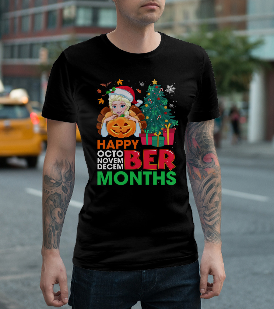 Happy Octo Novem Decem Ber Months Elsa Santa Hat Pumpkin Christmas Tree Presents T-Shirt