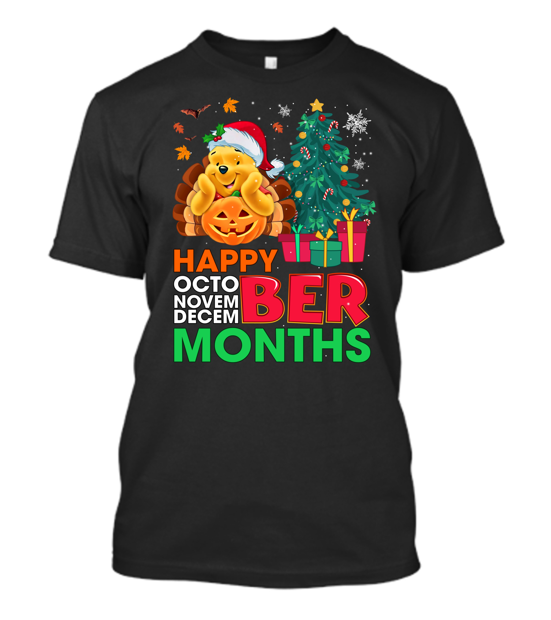 Happy Octo Novem Decem Ber Months Pooh Santa Hat Pumpkin Christmas Tree Gifts Snowflakes T-Shirt