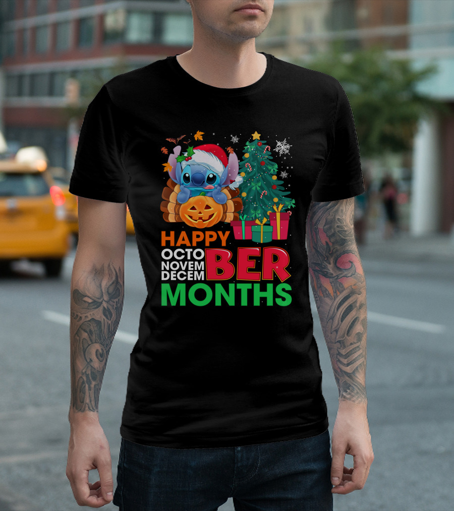 Happy Octo Novem Decem Ber Months Stitch Santa Hat Turkey Pumpkin Christmas Tree Presents T-Shirt