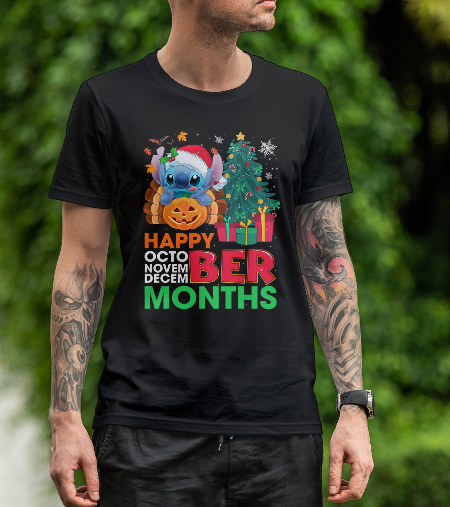 Happy Octo Novem Decem Ber Months Stitch Santa Hat Turkey Pumpkin Christmas Tree Presents T-Shirt