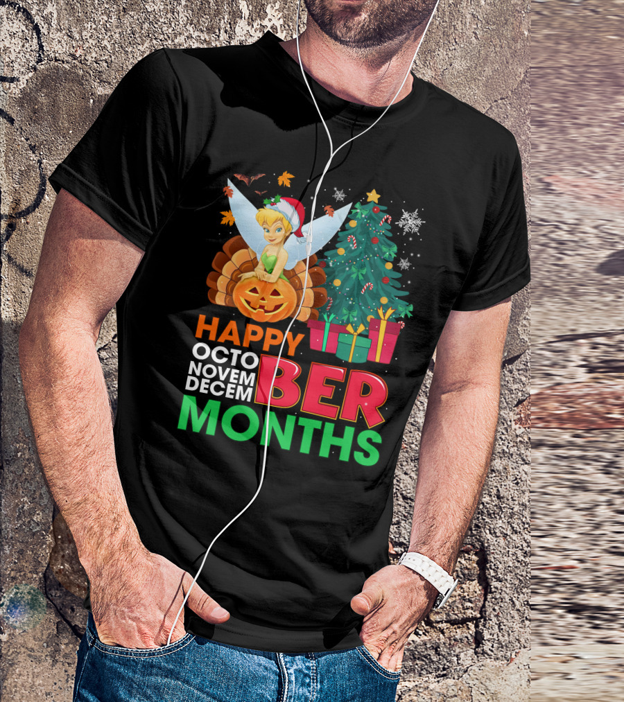 Happy Octo Novem Decem Ber Months Tinker Bell Christmas Tree Thanksgiving Pumpkin Santa Hat T-Shirt