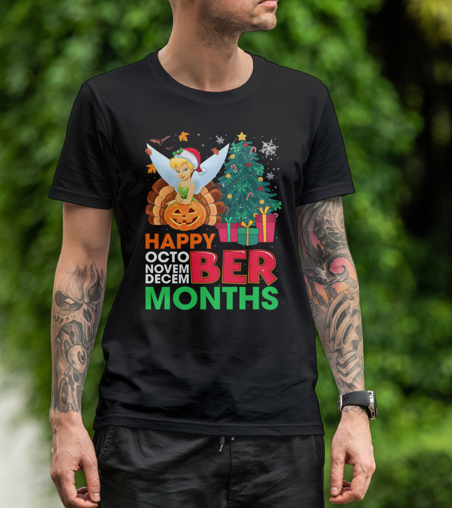 Happy Octo Novem Decem Ber Months Tinker Bell Christmas Tree Thanksgiving Pumpkin Santa Hat T-Shirt