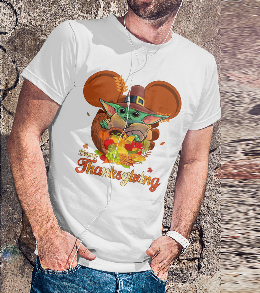 Happy Thanksgiving Baby Yoda Cornucopia With Pilgrim Hat T-Shirt