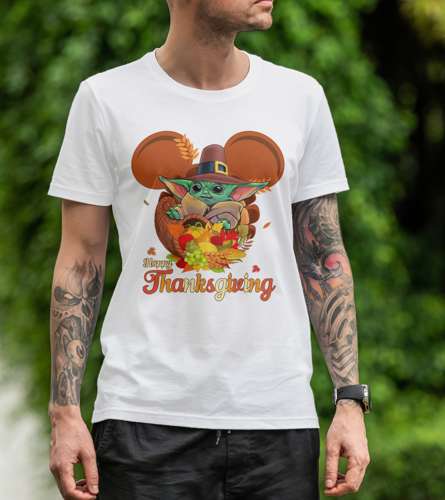 Happy Thanksgiving Baby Yoda Cornucopia With Pilgrim Hat T-Shirt