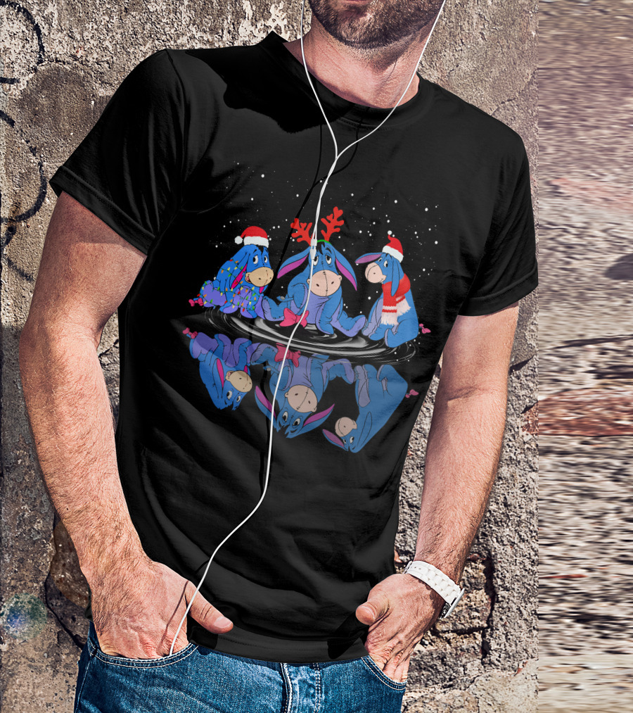 Eeyore Christmas Reflections With Santa Hats And Reindeer Antlers T-Shirt