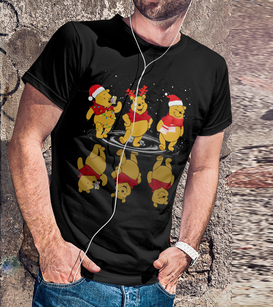 Winnie The Pooh Christmas Reflections In Holiday Hats And Scarves With Snowflakes T-Shirt