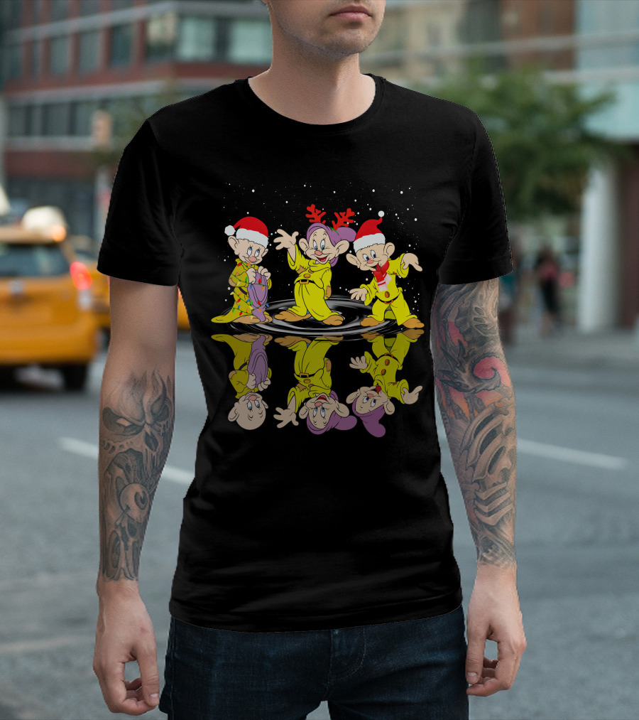 Dopey Christmas Reflections With Santa Hats And Reindeer Antlers T-Shirt