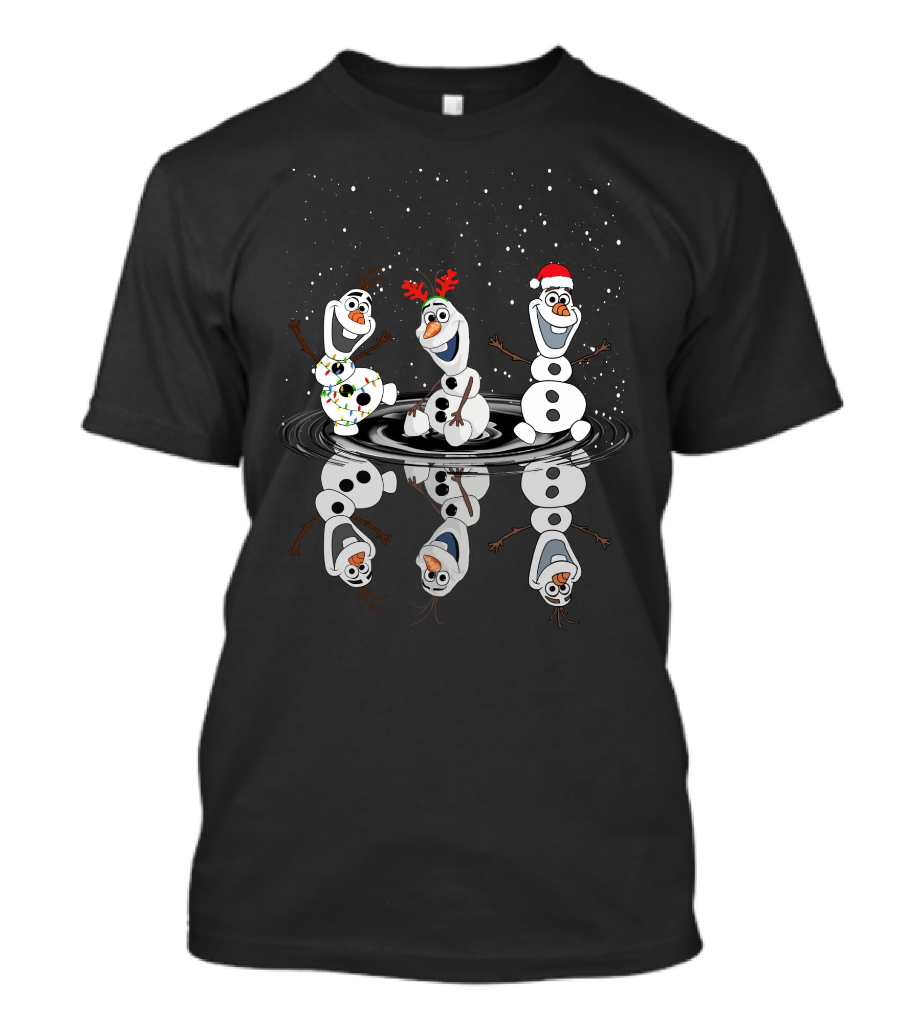 Olaf Christmas Reflections With Holiday Lights And Santa Hat T-Shirt