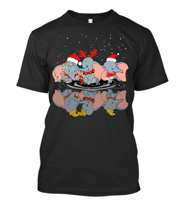 Dumbo Christmas Reflection With Santa Hat Reindeer Antlers And Holiday Lights T-Shirt