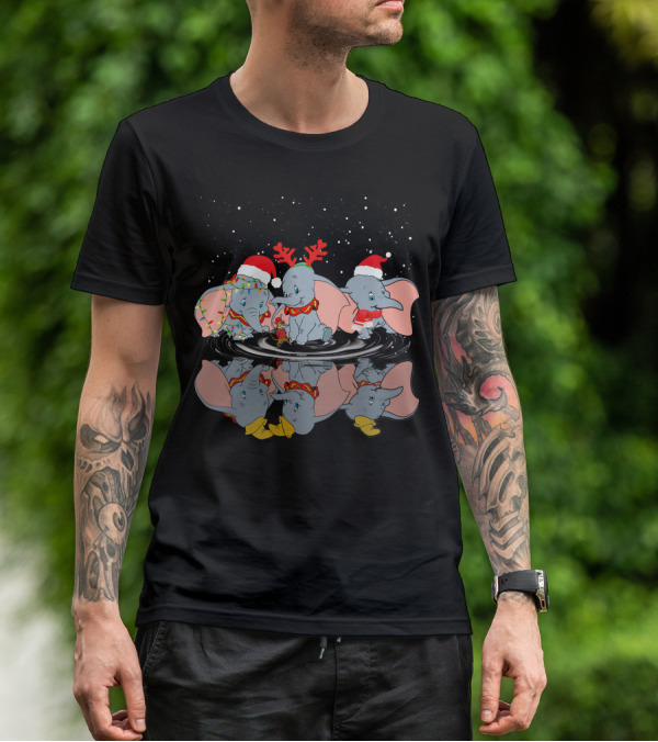 Dumbo Christmas Reflection With Santa Hat Reindeer Antlers And Holiday Lights T-Shirt