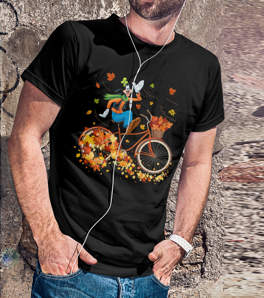 Goofy Autumn Bicycle Ride With Falling Leaves T-Shirt