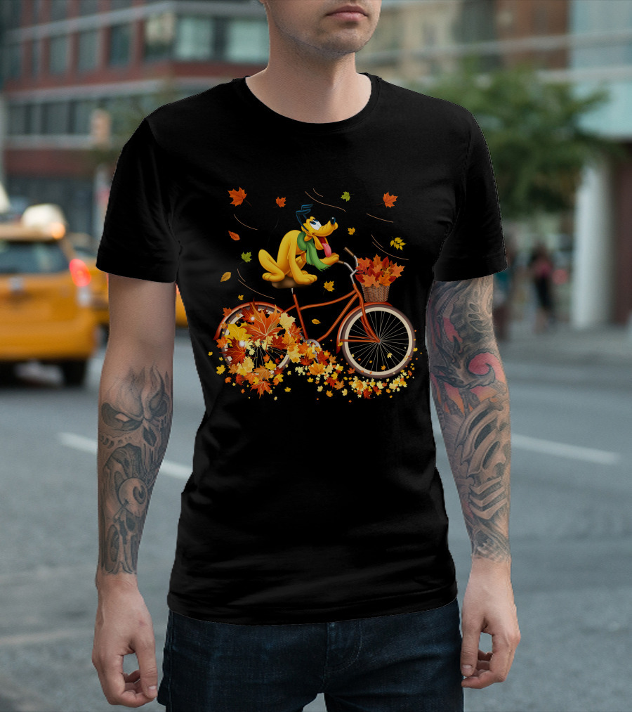 Pluto Autumn Bicycle Adventure With Falling Leaves T-Shirt