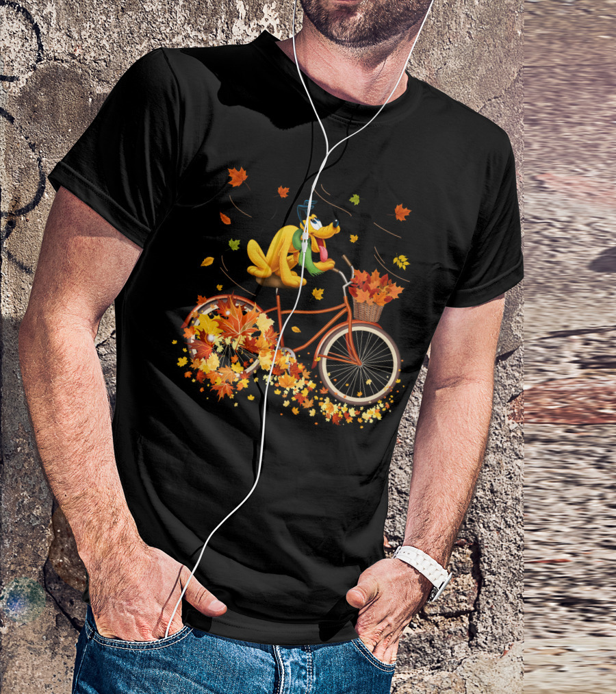 Pluto Autumn Bicycle Adventure With Falling Leaves T-Shirt