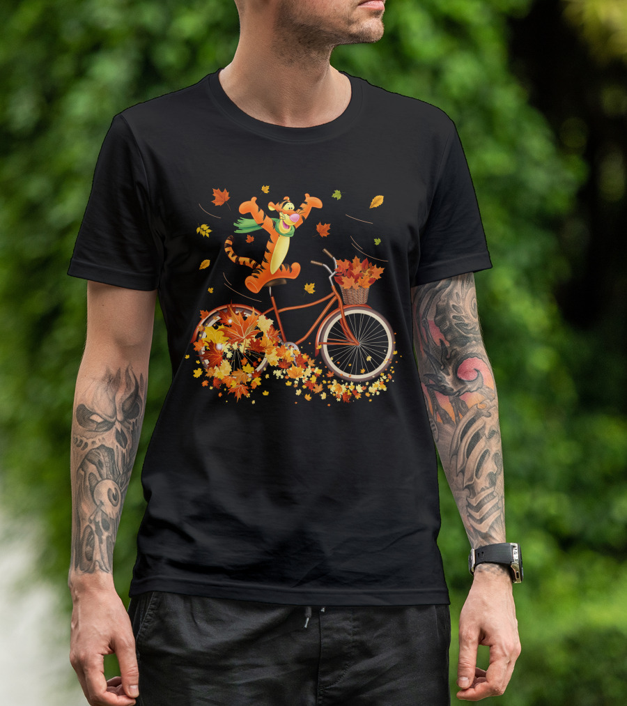 Tigger Autumn Bicycle Adventure With Falling Leaves T-Shirt