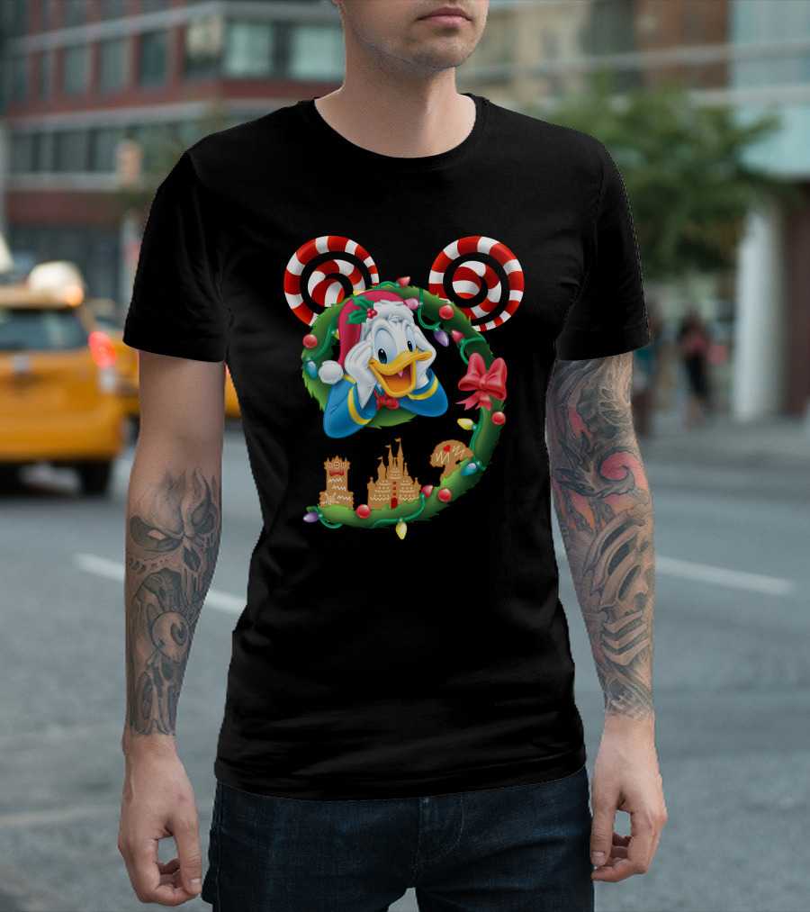 Donald Duck Christmas Wreath With Candy Cane Mickey Ears And Gingerbread Castle T-Shirt