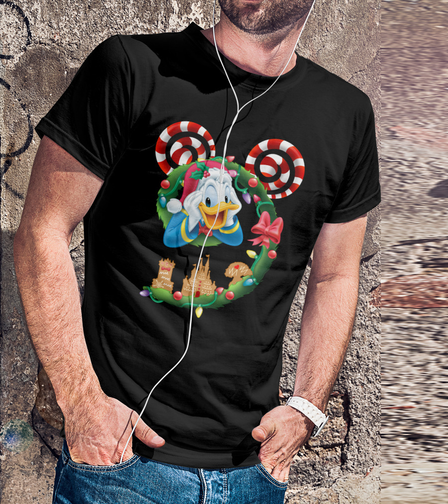 Donald Duck Christmas Wreath With Candy Cane Mickey Ears And Gingerbread Castle T-Shirt