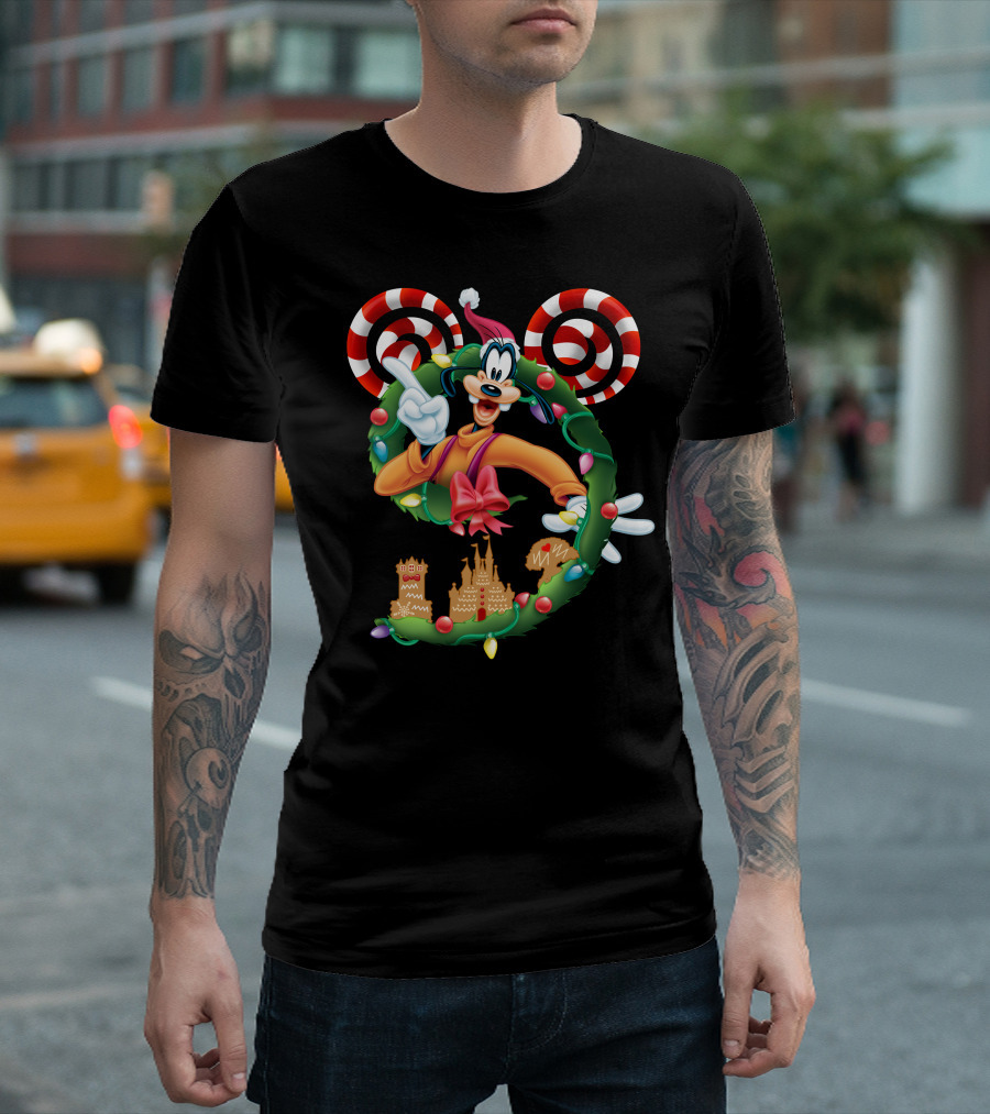Goofy Christmas Wreath With Candy Canes And Gingerbread Castles T-Shirt