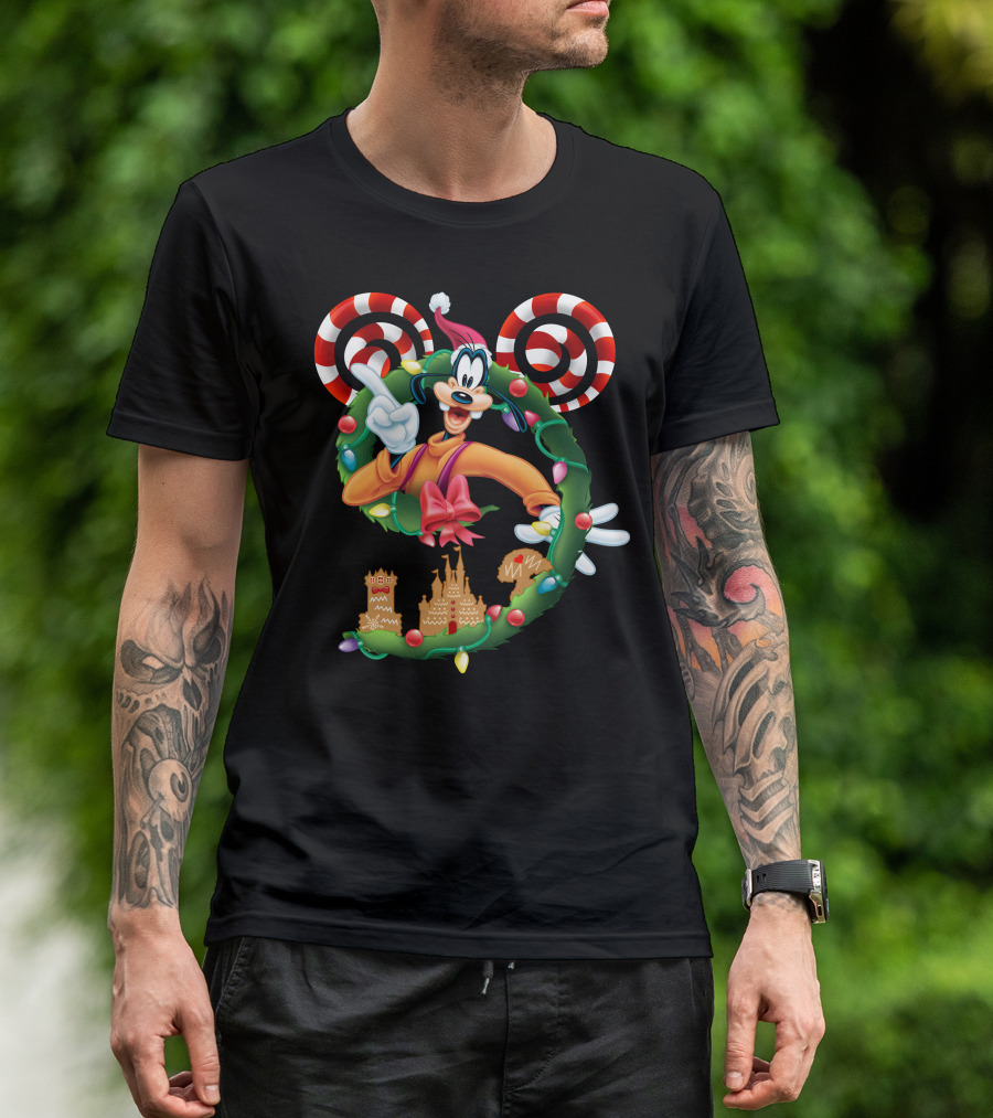 Goofy Christmas Wreath With Candy Canes And Gingerbread Castles T-Shirt