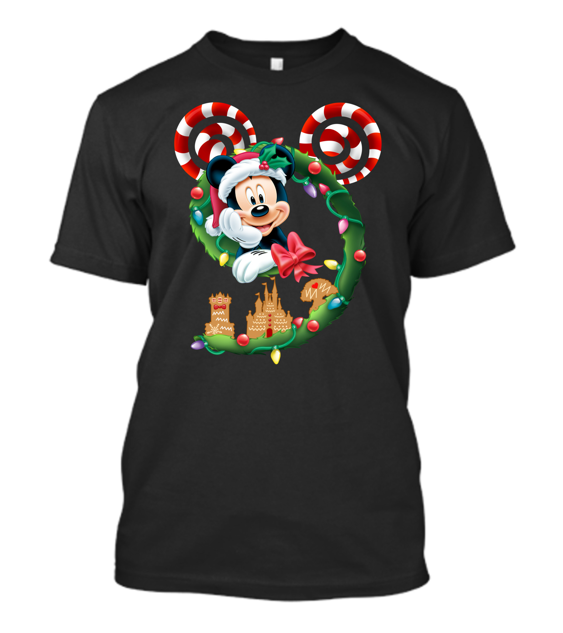 Mickey Mouse Christmas Holiday Wreath Candy Cane Ear Gingerbread House T-Shirt