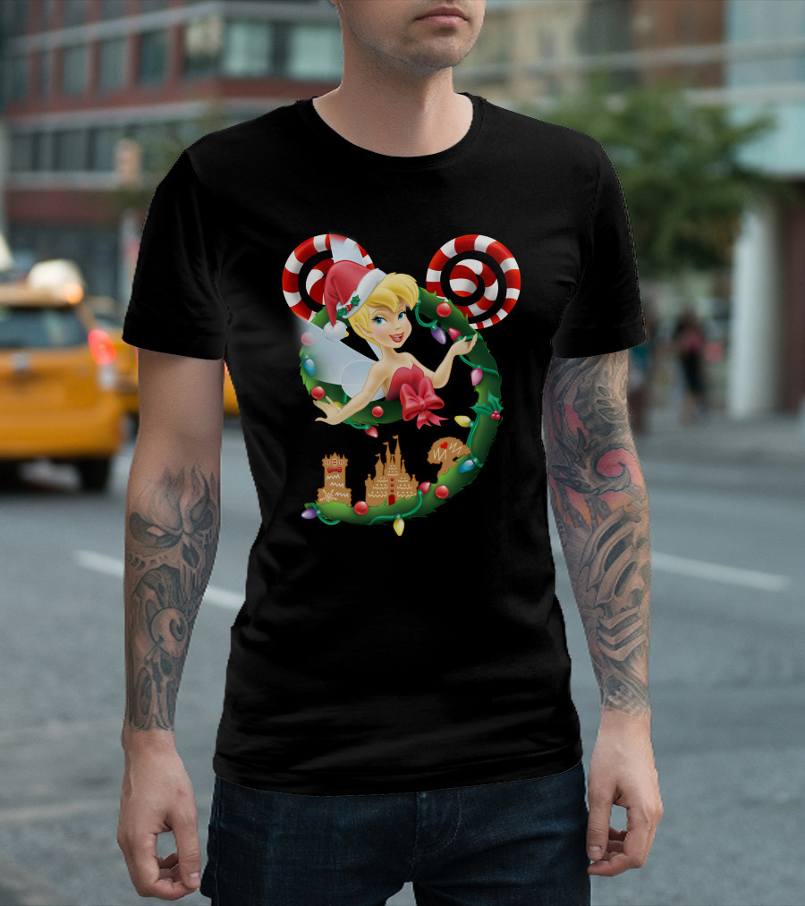 Tinkerbell Christmas Mickey Wreath With Candy Canes And Castle T-Shirt