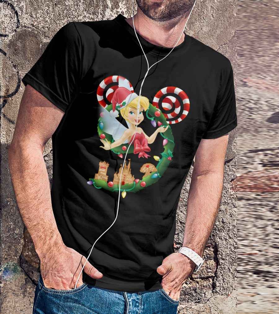 Tinkerbell Christmas Mickey Wreath With Candy Canes And Castle T-Shirt