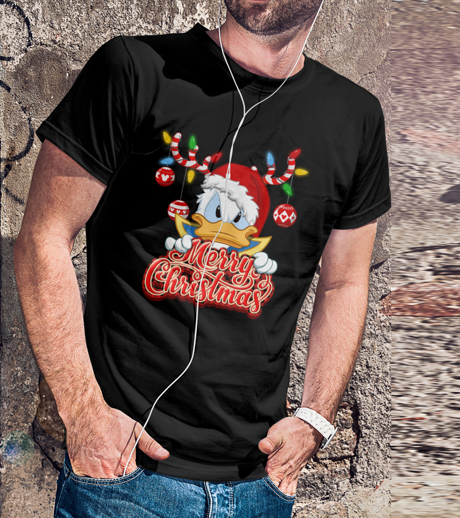 Merry Christmas Donald Wearing Santa Hat And Reindeer Antlers T-Shirt