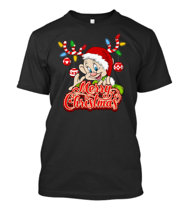 Merry Christmas Dopey Reindeer Antlers And Santa Hat With Christmas Ornaments T-Shirt