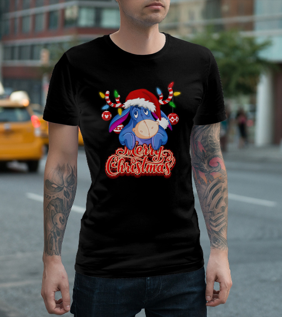 Eeyore Merry Christmas Santa Hat Reindeer Lights T-Shirt