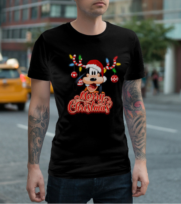Merry Christmas Goofy Santa Hat Lights Antlers T-Shirt