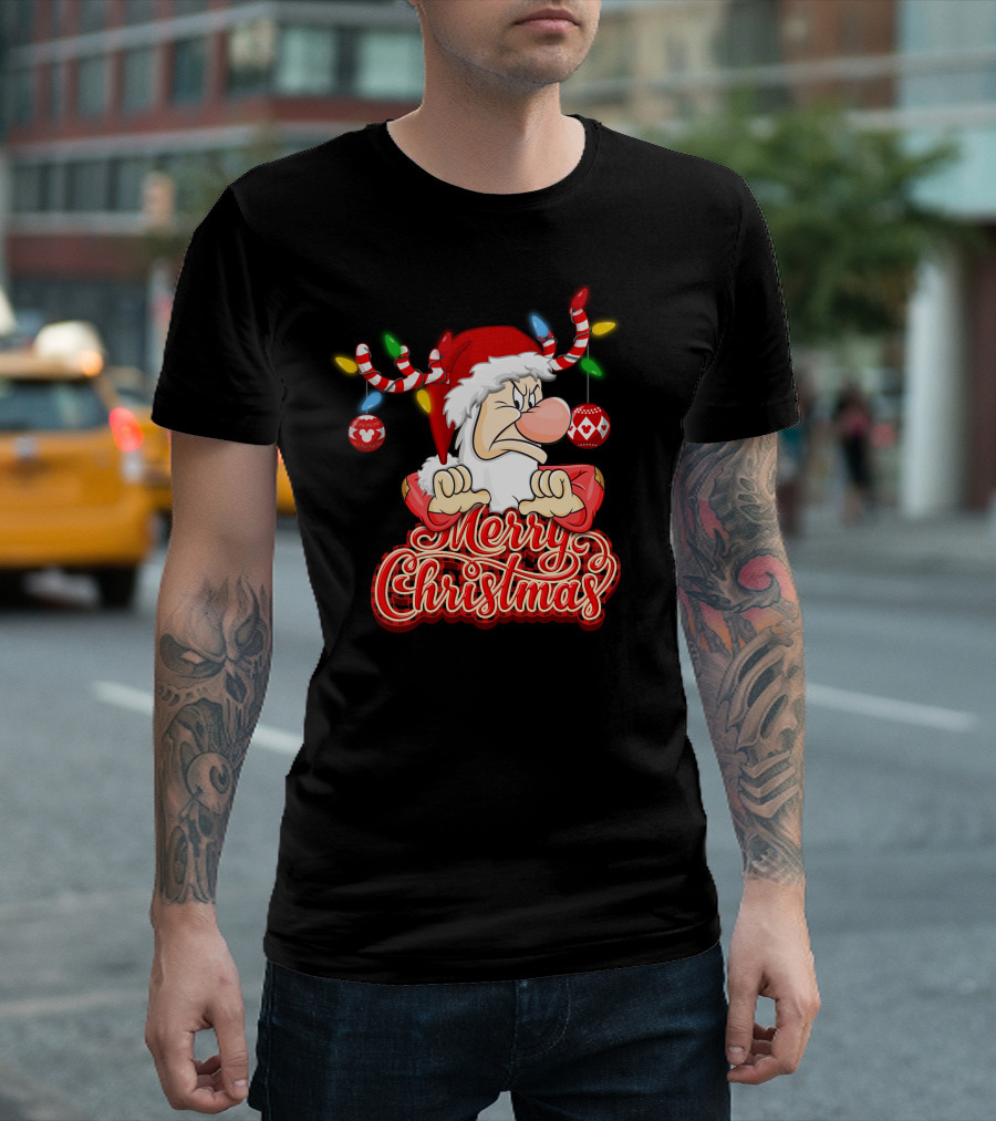 Grumpy Merry Christmas Santa With Reindeer Antlers And Festive Ornaments T-Shirt