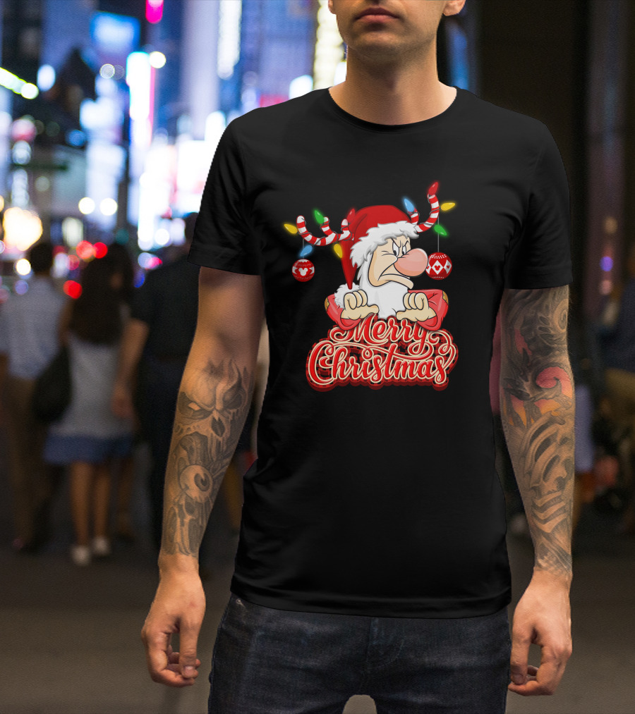 Grumpy Merry Christmas Santa With Reindeer Antlers And Festive Ornaments T-Shirt