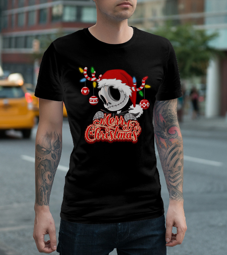 Merry Christmas Santa Jack Skellington With Candy Cane Lights And Ornaments T-Shirt