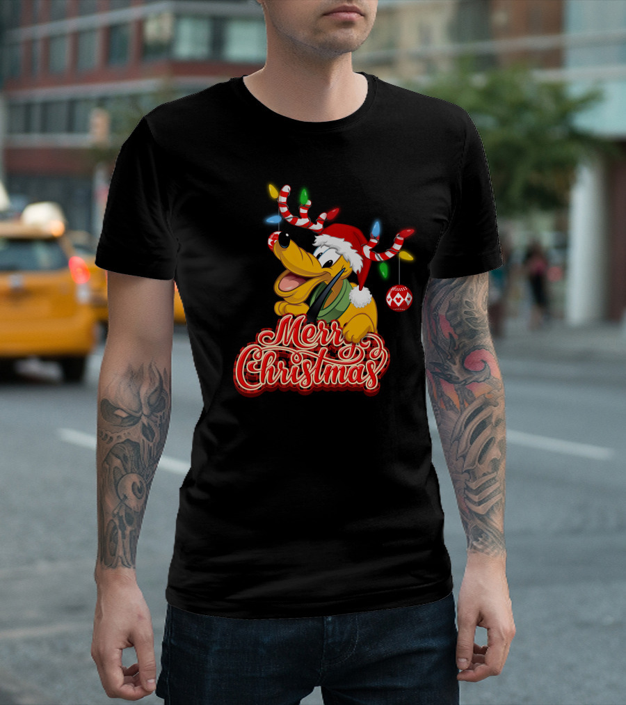 Merry Christmas Pluto Holiday Antlers And Santa Hat T-Shirt