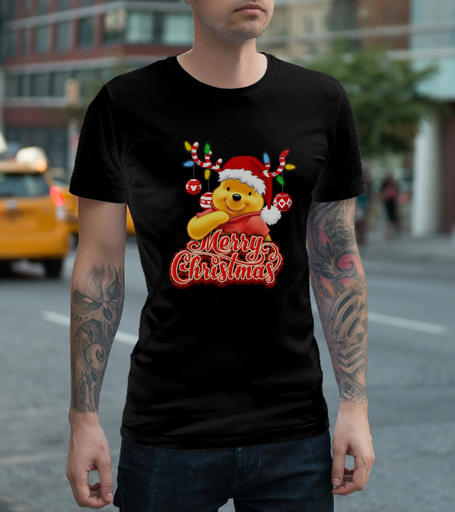 Merry Christmas Pooh Santa Hat Festive Lights Antlers T-Shirt