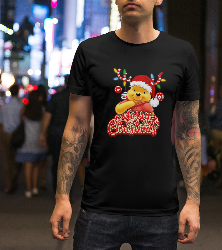 Merry Christmas Pooh Santa Hat Festive Lights Antlers T-Shirt