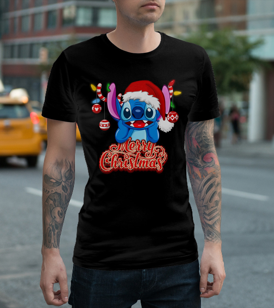 Merry Christmas Stitch Santa Hat Ornaments T-Shirt