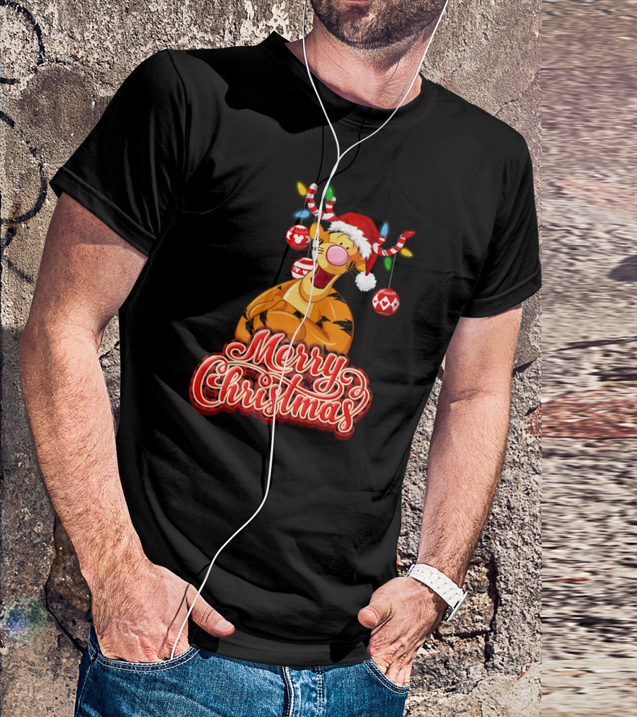 Merry Christmas Tigger Santa Hat Festive Lights And Ornaments T-Shirt