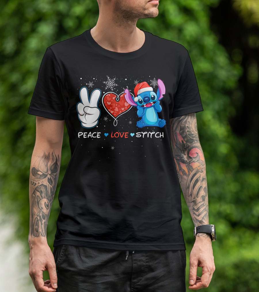 Peace Love Stitch Christmas Santa Hat T-Shirt