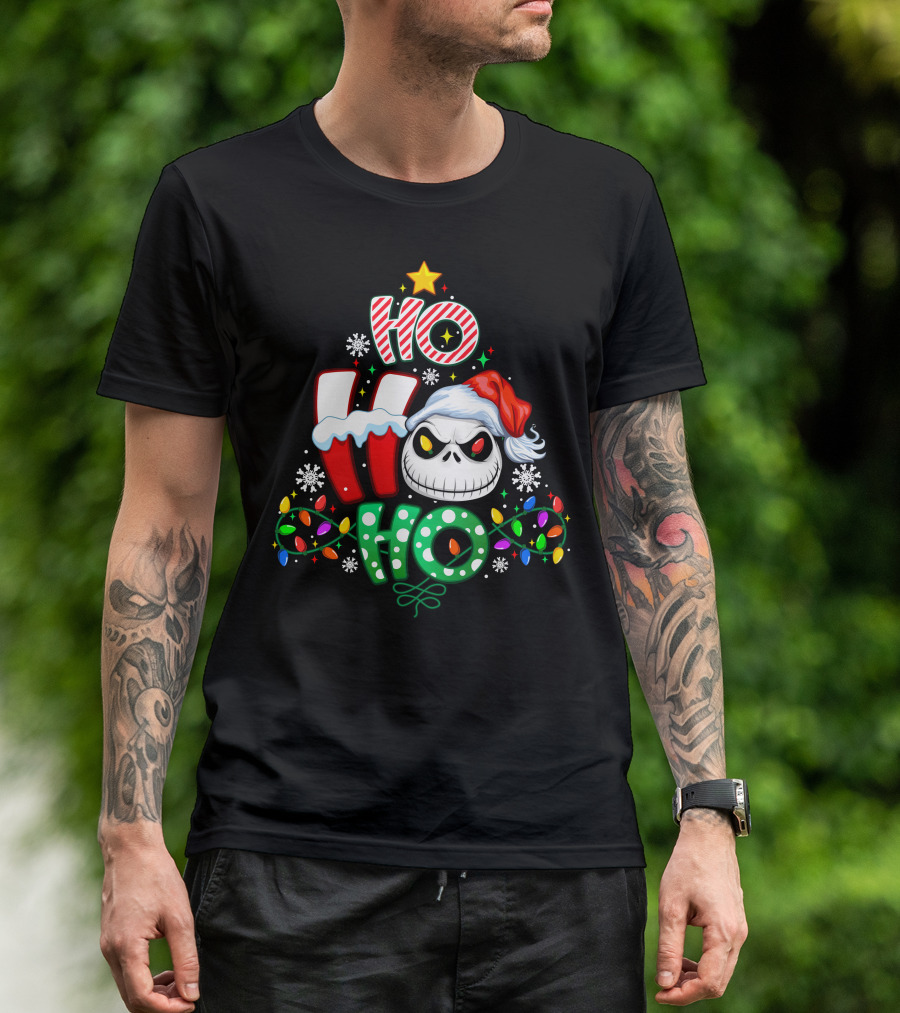 Jack Ho Ho Ho Skull Santa Hat Christmas Lights T-Shirt
